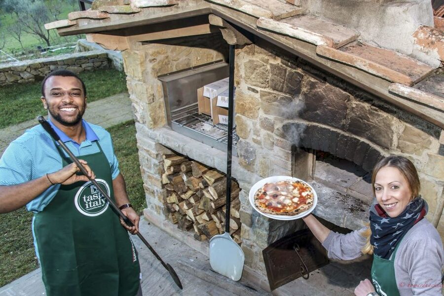 Florence: Pizza and Gelato Class at a Tuscan Farmhouse - Making pizza with Tiziano, Arla, and Livio